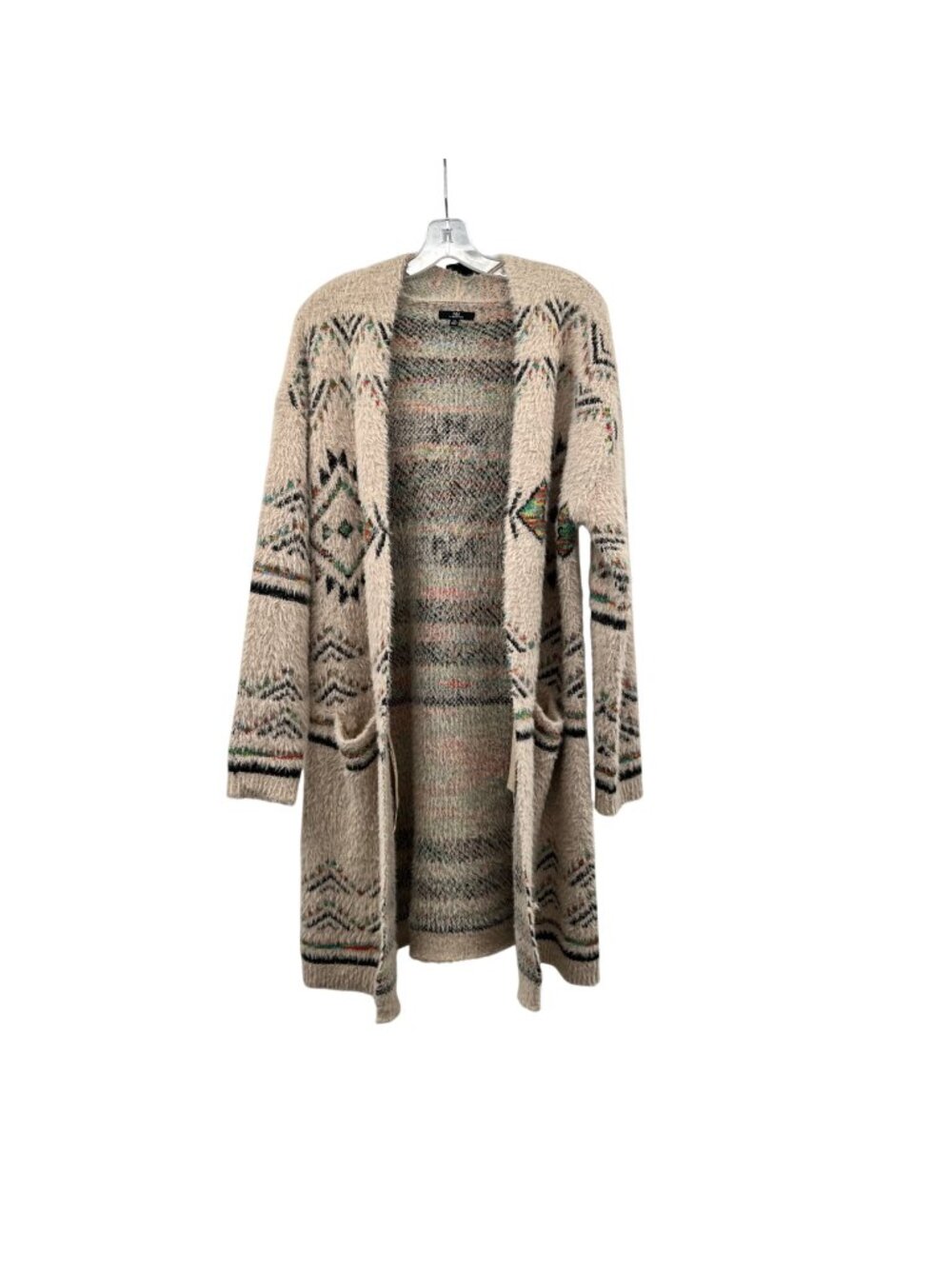 MM by My Michelle Faux Fur Duster Cardigan Open Aztec Print Beige/Multi XL
